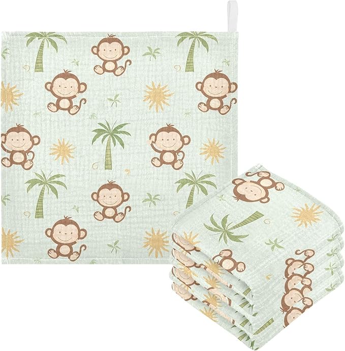 vvfelixl Baby Muslin Washcloths Cute Monkey Coconut Trees Baby Burp Cloths Cotton Babys Face Towel for Newborn Infants Boys Girls Soft and Absorbent 11.8 X 11.8 in, 3 Pack