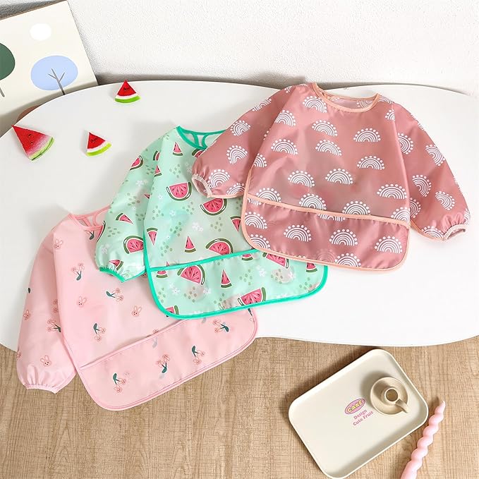 Hafftnun Long Sleeved Bibs,5 PCS Waterproof Wearable Bibs with Sleeves,Baby Feeding Smock 6-30 Months