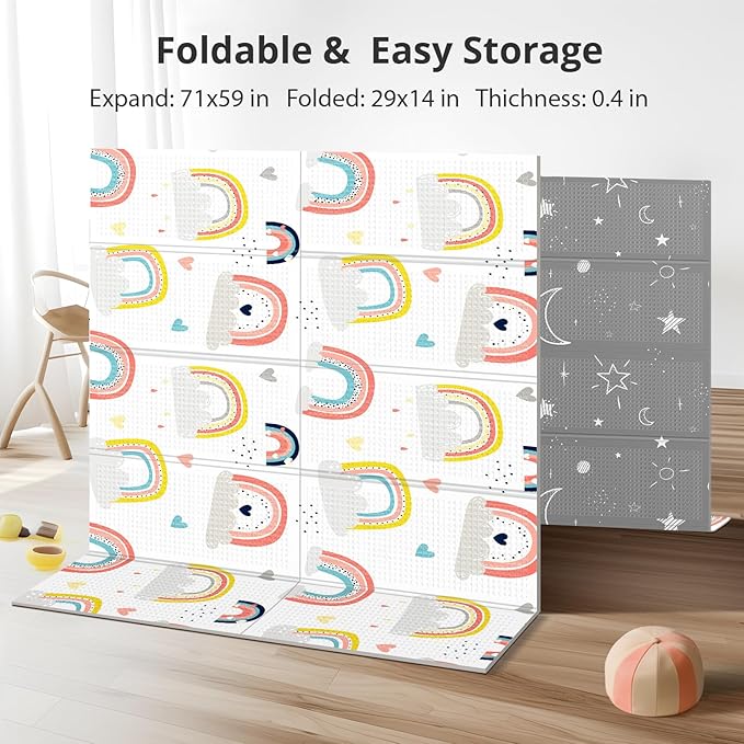 71x59 Foldable Baby Play Mat, Foam and Waterproof Playmat for Floor, Babies Activity Tummy Time Playmats, Portable & Anti-Slip Crawling Mats, Reversible Portable Floor Mat for kids, Infant, Toddler(Rainbow)