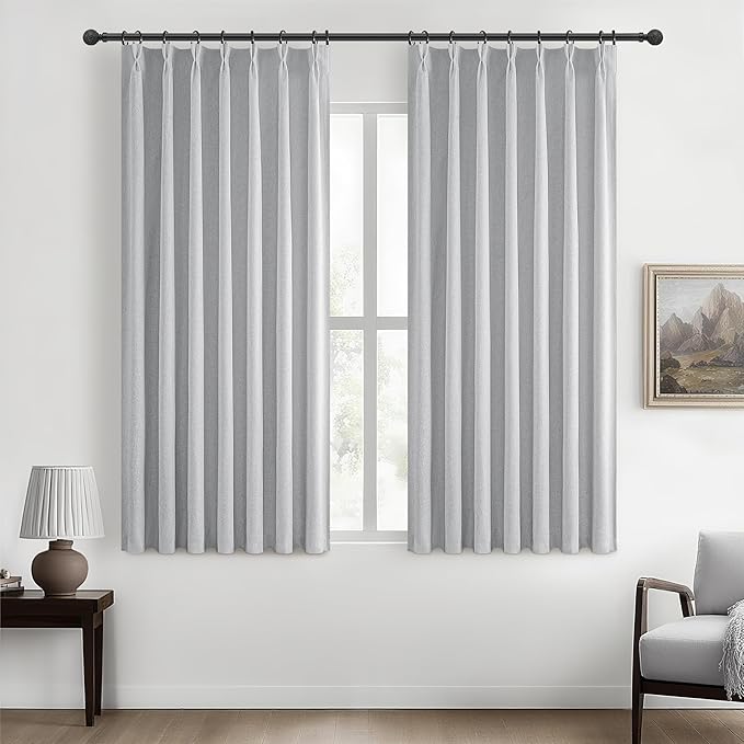 Light Grey Black Out 54 Inches Long Boho Small Curtains 2 Panels Set, Farmhouse Short Curtain for Bedroom/Bathroom/Kitchen Thermal Insulated Flax Linen Pinch Pleated Bay Window Drapes Gray (40"Wx54"L)