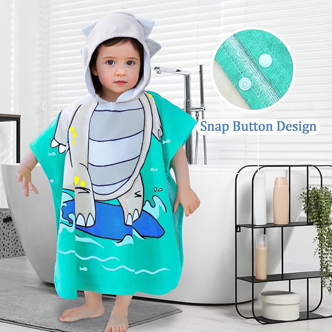 VOOVA & MOVAS Toddler Poncho Towels with Hood, Oversized (2-4Years,22"X22") Made from 100% Soft Cotton,Absorbent Bathrobe for Baby Boys,Perfect for Pool | Swimming | Bath | Beach, Dino