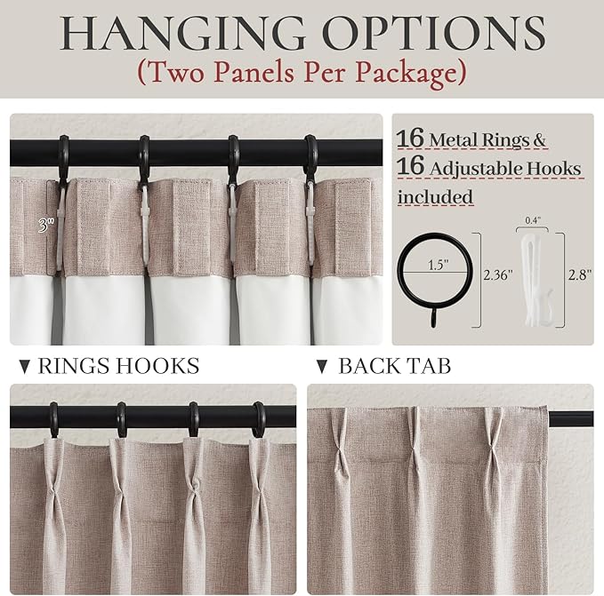 Textured Thick Burlap Cafe Small Window Curtains 45 Inch Length, Boho Farmhouse Pinch Pleated Curtains Blackout Heat Blocking Flax Linen Drapes 2 Panels Set Back Tab for Closet Without Door