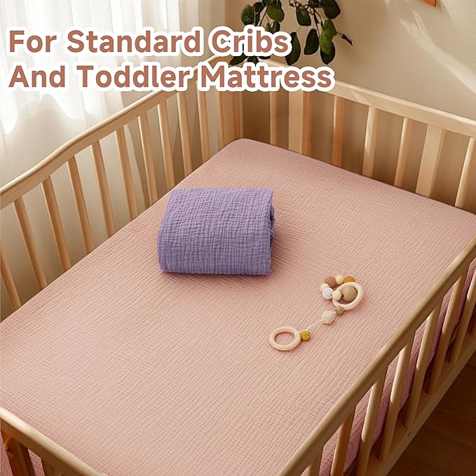 Pro Goleem 2 Pack Muslin Crib Sheets for Girls, Soft Breathable Fitted Cotton Baby Bed Sheets Set for Standard Crib Mattress & Toddler Mattress 52"x28", (Pink＆Purple)