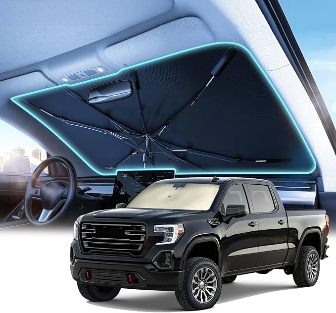 Windshield Sun Shade Umbrella for GMC- [Vinyl Coating Heat Shield] Protect Car from Sun Rays & Heat Damage Keep Cool and Protect Interior for GMC