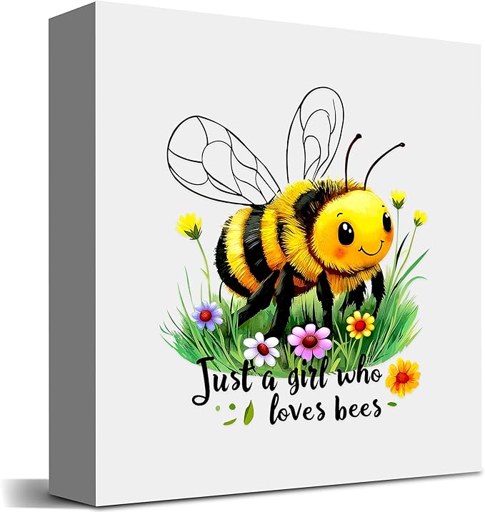 Bumble Bee Decor Wooden Box Sign Decorative, Home Room Desk Decorations For Teens Teenage Girls Age 8-12, Bee Lovers Themed Gifts Stuff Accessories Things Merchandise Items!