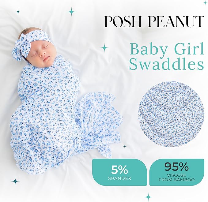 Posh Peanut Swaddle Blanket & Headband Set – Viscose from Bamboo Stretchy Baby Swaddle for Newborn Girls, Receiving Blanket or Nursing Cover
