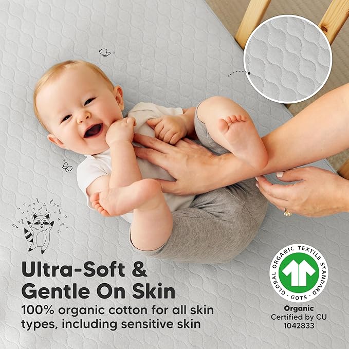 2-Pack Waterproof Crib Mattress Protector Cover Fitted - Quiet Baby Crib Mattress Pad Sheets, 52" x 28" Soft Quilted Cotton Baby Sheet, Machine Washable, Easy Fit, Durable (Pearl Gray/Mavy)