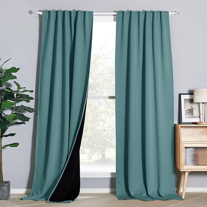 NICETOWN 100% Blackout Blinds, Laundry Room Decor Window Treatment Curtains, Thermal Insulated Energy Smart Drapes and Draperies for Villa, Hall and Studio, Sea Teal, Set of 2, 52 inches x 108 inches