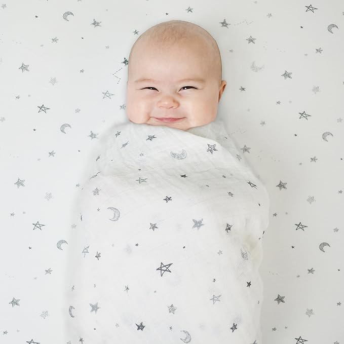American Baby Company 100% Natural Cotton Fitted Cradle/Bassinet Sheet 36" x 18" - Soft, Breathable & Hypoallergenic Bed Sheet, Gray Stars and Moons, Neutral for Boys & Girls (Pack of 2)