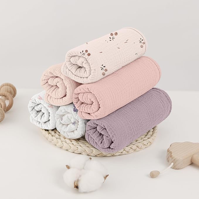 Bearmoss Muslin Burp Cloths, 100% Cotton Baby Burping Clothes, Large Extra Soft Absorbent for Unisex Newborn Boy and Girl, 20x10in, 6 Pack, Pink Print