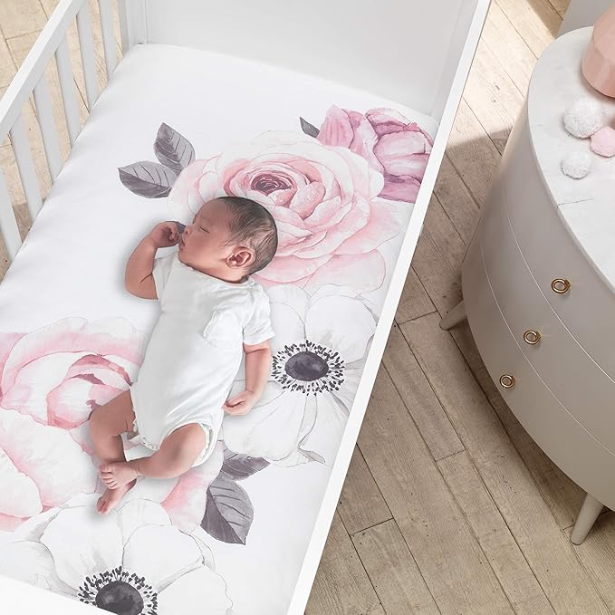 Lambs & Ivy Floral Garden Pink/White Watercolor Cotton Baby Fitted Crib Sheet