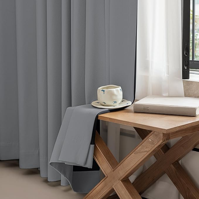 FMFUNCTEX 100% Blackout Curtains for Bedroom, Dark Grey Back Tab Curtain 84 Inches Long Drapery Thermal Insulated Curtains for Living Room, Black Out Drapes Rod Pocket Room Darkening 2 Panels