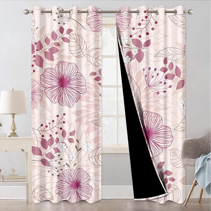 Blackout Curtains for Girls Bedroom, Pink Floral Black Out Curtains for Living Room Nursery 84 Inch Length 2 Panels Set, Room Darkening Grommet Thermal Curtains Farmhouse Soundproof Window Drapes
