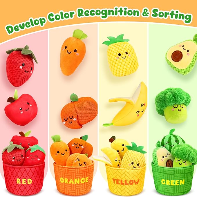 TOHIBEE Baby Sensory Toys -16 PCS Fruit Vegetable Color Sorting Play Food with Rattle,Crinkle,Baby Toys 6-12 Months Montessori Toys for 1 Year Old Boy Girl, Baby Stocking Stuffers
