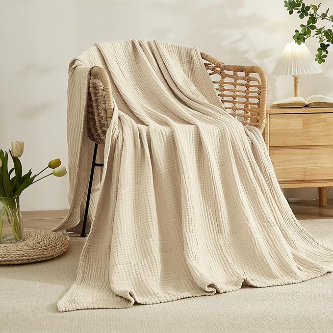EMME Cotton Blanket Queen Size for Bed Soft Muslin Bed Blankets 90"x90" Light Tan Lightweight Breathable Bedspread Coverlet All Season Gauze