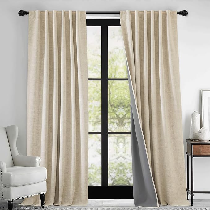 RYB HOME Warm Sand 100% Blackout Curtains for Bedroom, Linen Drapes Back Tab&Rod Pocket, Thermal Insulated Privacy Assurd Curtains for Sliding Glass Doors/Dining/Living Room, W52 x L102, 2 Panels