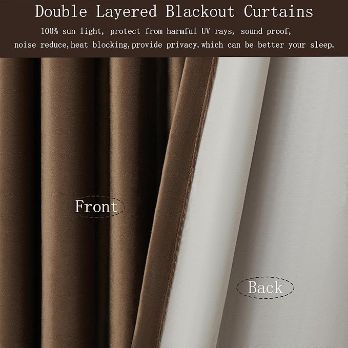 PRIMROSE 100% Full Blackout Brown Velvet Curtains 72 inch Long for Living Room,Set of 2 Liner Rod Pocket Back Tab Thermal Window Curtains Room Darkening Heavy Decorative Curtains Drapes for Bedroom