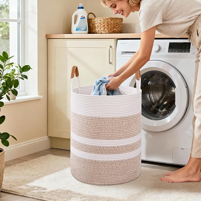 60L Striped Laundry Basket, Brown Laundry Hamper with Leather Handles, Woven Cotton Rope Storage Bin for Blankets, Nursery Hamper for Clothes, Toys In Bathroom, Livingroom, Bedroom