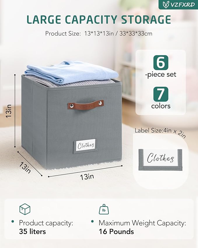 13 Inch Cube Storage Bin Fabric Basket with Handles and Labels, Cube Storage Organizer for Closet, Bedroom, Living Room (Gray,6 Pack)