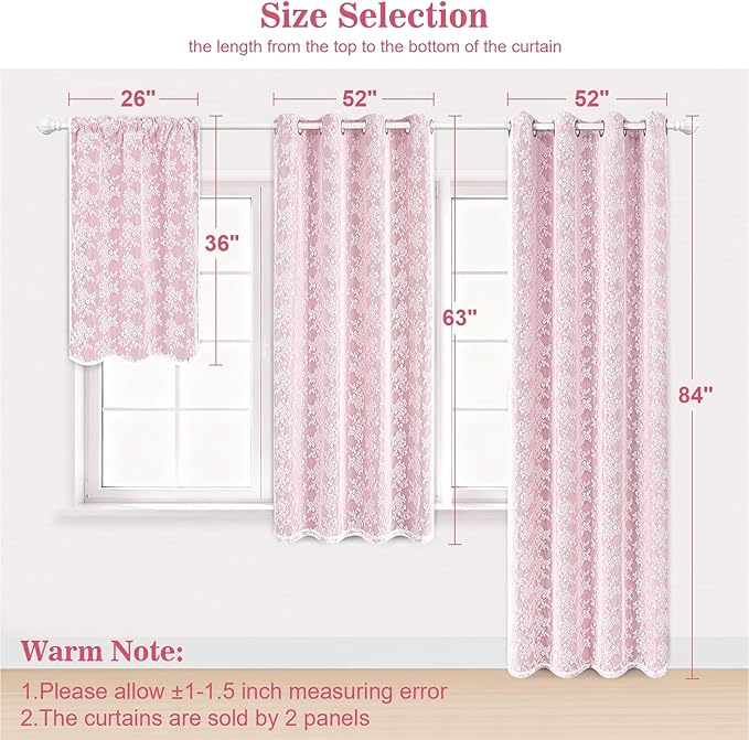 Yinhua Pink Blackout Curtains for Bedroom Double Layer Nursery Curtains for Living Room 84 Inch Length 2 Panels Set Kid Curtain with Floral Sheer Overlay, Grommet Drapes with Tiebacks, 52" W x 63" L