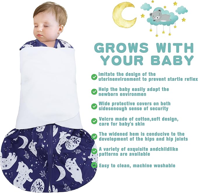 BSTOPPT Newborn Sleep Sack Baby Swaddle,3-Way Adjustable Wearable Blanket,100% Rayon Cotton Swaddling Sleeping Bag，TOG 0.5 (Fox & Dinosaurs, 0-3 Months)