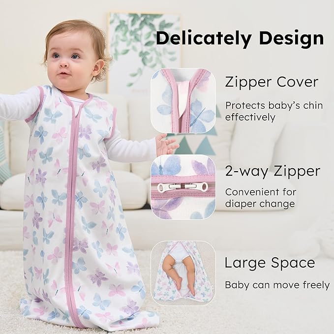 FIEMOL Baby Sleep Sack 6-12 months, 100% Cotton Sleep Sack for Newborn, Wearable Blanket Baby, 0.5 Tog Lightweight Double Zipper Sleeping Bag Butterfly 1 Pack