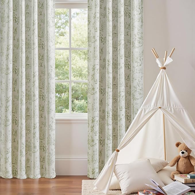 jinchan Blackout Nursery Curtains 84 Inches Long, Bunny Woodland Toile Curtains Sage Green on Beige Animal Printed Drapes for Bedroom Rod Pocket Thermal Insulated Farmhouse Window Treatment 2 Panels