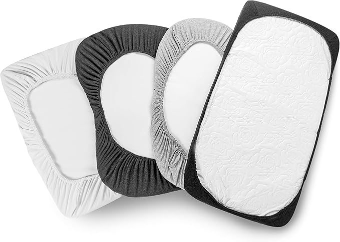 Bassinet Bed Sheets – Premium Bassinet Fitted Sheet for Halo, Mika Micky, Maxi Cosi & Others - 4 Pack 100% Jersey Knit - Bassinet Bedding for Standard Size Oval or Halo Bassinet Pads for Boys & Girls