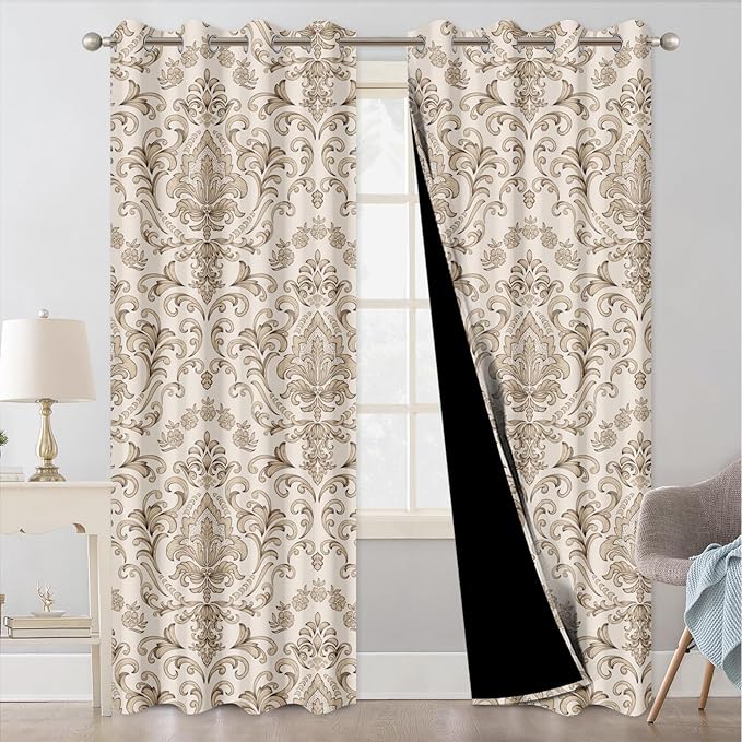 Bedroom Curtains 84 Inches Long, Blackout Curtains for Living Room Darkening, Vintage Damask Pattern Beige Curtain 2 Panels Set, Grommet Thermal Privacy Black Out Window Drapes for Bedroom Nursery
