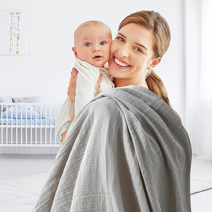 3-Pack 100% Cotton Muslin Swaddle Blankets, Large 47 x 47 Inches — Breathable Soft Receiving Blankets for Newborns, Swaddling Wraps, Registry Gift (Classic Blue & Gray)