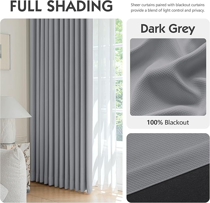 FMFUNCTEX 100% Blackout Curtains for Bedroom, Dark Grey Back Tab Curtain 90 Inches Long Drapery Thermal Insulated Curtains for Living Room, Black Out Drapes Rod Pocket Room Darkening 2 Panels