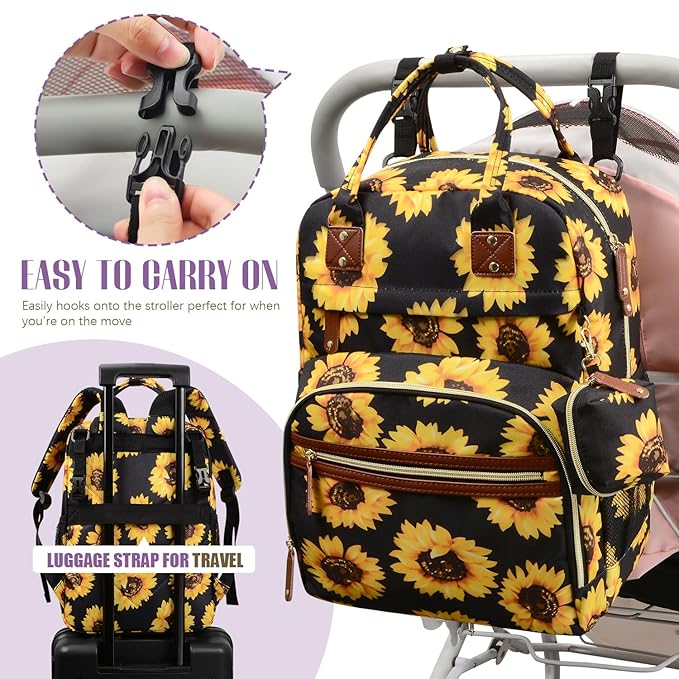 Tuwubi Diaper Bag Backpack, Baby Essentials Travel Tote Bag, Multi function Waterproof Backpacks, Travel Essentials with Stroller Straps & Pacifier Case - Sunflower