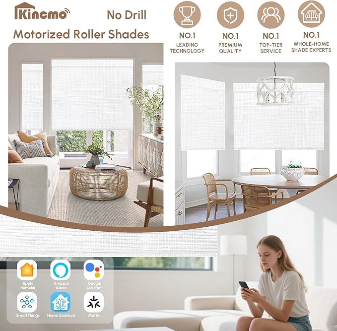 Kincmo No Drill Motorized Blinds with Remote, 100% Blackout Roller Shades for Windows, Custom Electric Blinds Compatible with Alexa, Apple Homekit, Google Home (100% Blackout Weave White)