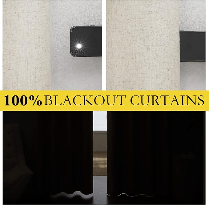 NICETOWN Natural 100% Blackout Linen Curtains 84" Long for Bedroom, Farmhouse Thick Linen Blend Window Treatment Panels Thermal Insulated Drapes for Living Room (1 Pair, 52" Width Each Panel)