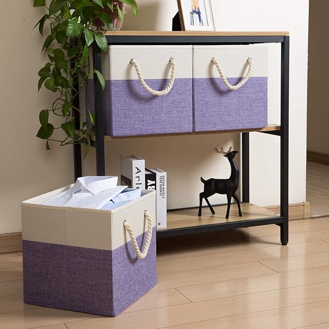 PRANDOM Large Foldable Cube Storage Bins 13x13 inch [2-Pack] Fabric Linen Storage Baskets Cubes Drawer with Cotton Handles Organizer for Shelves Nursery Closet Bedroom Purple