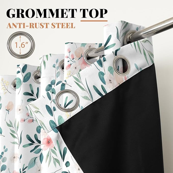 Renaiss Leaf Curtains Green Leaves Print Blackout Window Curtains for Bedroom Botanical Plants Grommet Top Room Darkening Window Drapes for Living Room 42W x 84L Inch Two Panel Set
