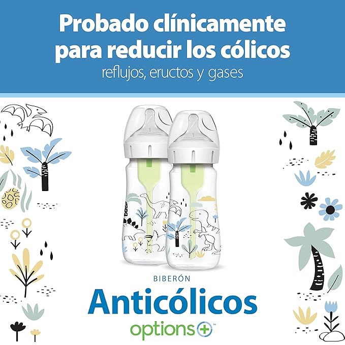 Dr. Brown's Anti-Colic Options + Wide-Neck Baby Bottle Designer Edition Dino Decos, 9oz/270mL, Level 1 Slow Flow Nipple, BPA-Free, 0m+, 2-Pack