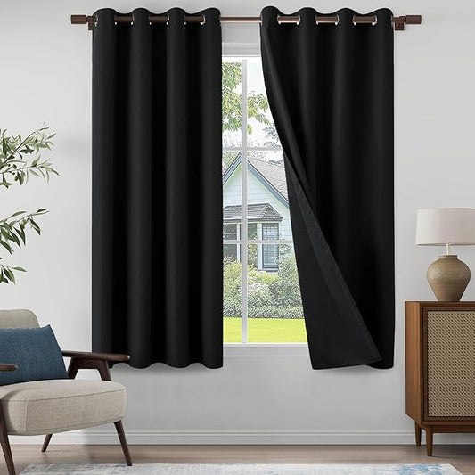 100% Blackout Linen Textured Curtains 72 Inch Length 2 Panels Set for Living Room, Bedroom, Light Weight Curtains with Grommets Top, Full Blackout Curtains Privacy Protection, Black, 52" W x 72" L