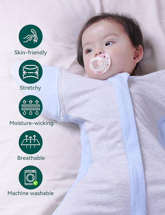 BABELIO Swaddle with Detachable Zip Sleeves Temp-Sensing Baby Transitional Swaddle Arms Up 2-Way Zipper Sleep Sack Soft Blue