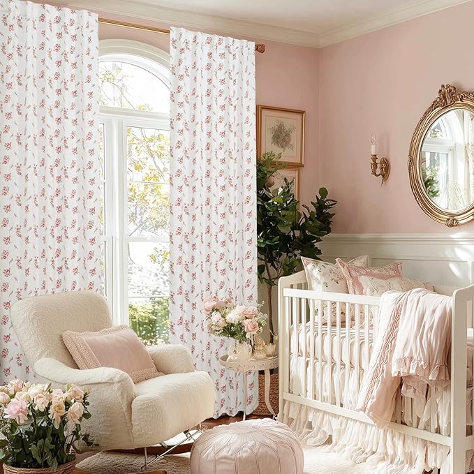 Pink Cute Floral Blackout Curtains for Nursery Girls Bedroom,Vintage Shabby Chic Light Pink White Green Boho Cottage Core Curtains for Kids Teen Coquette Room Decor 84 Inch Long 2 Panels