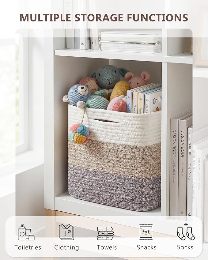 Cube Storage Bin 11" x 10.5" x 10.5" Cotton Rope Basket Square Woven Storage Basket for Shelves, Closet Organizer, Soft Towel Sock Basket, Gradient/White Brown, 2 Pack