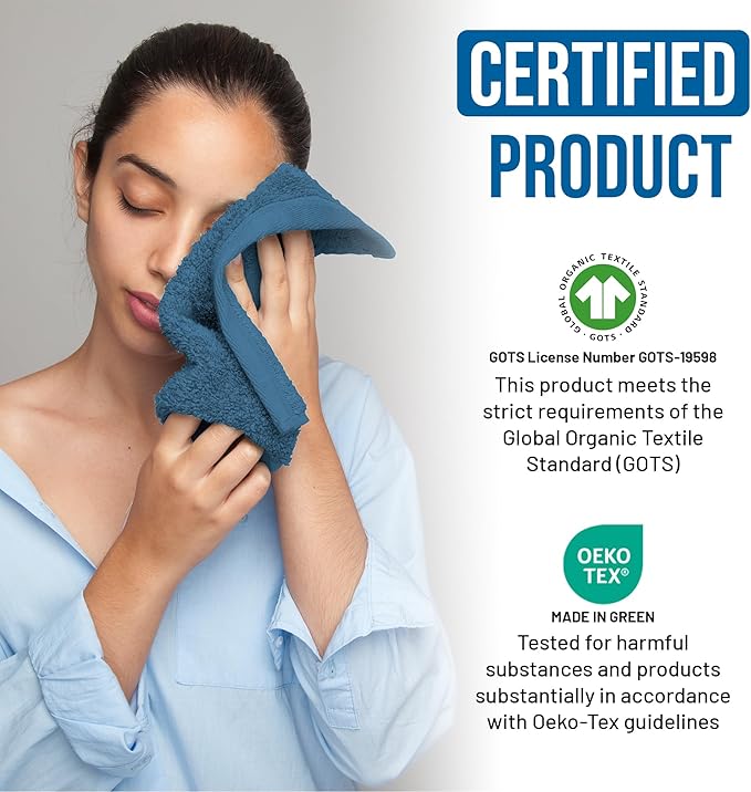 Organic Cotton Wash Cloths Plush Feather Touch Quick Dry Wash Cloths Pack of 12 GOTS & Oeko- TEX Certified | Premium Soft, Absorbent, Small Hand Face Towels Wash Rags– Turquoise