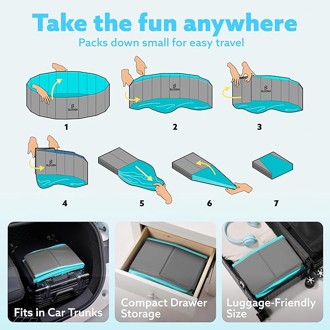 Sloosh Foldable Dog Kiddie Pool - Portable Hard Plastic Doggie Swimming Pool, Anti-Slip Collapsible Pets Bath Tub Suitable for Kids Toddler Indoor Outdoor Backyard Use (Gray, 32" x 8")