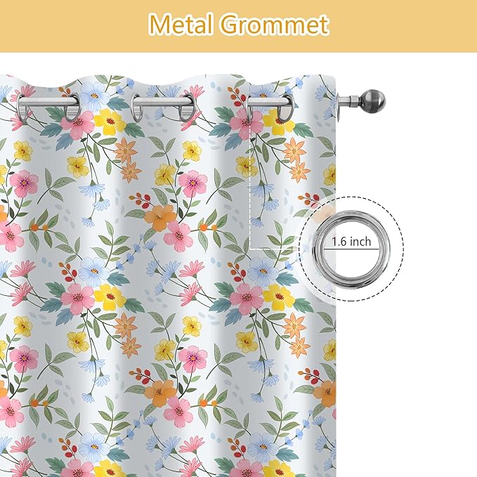 Flower Window Drapes, Pink Yellow Floral Modern Chic Blackout Room Darkening Grommets Curtains, Window Curtains for Living Room Bedroom Drom Decor 52x84 Inch
