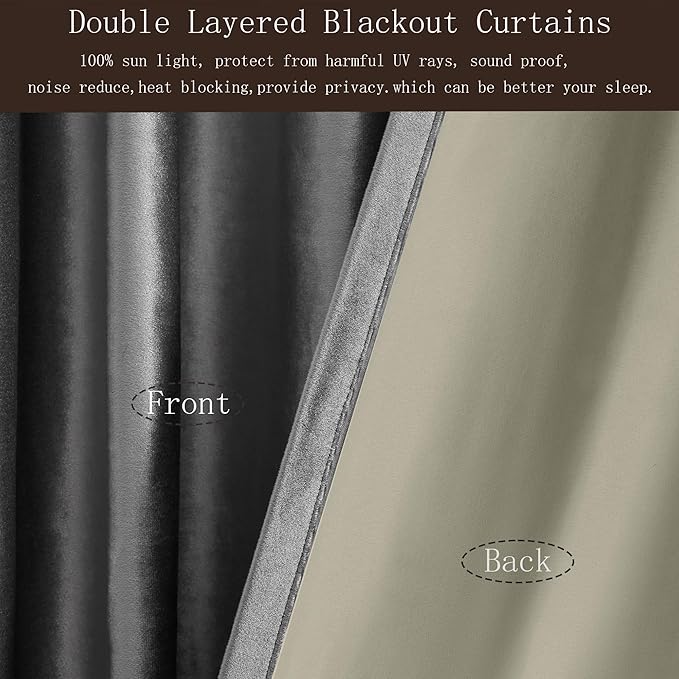 PRIMROSE Blackout Grey Velvet Curtains Drapes 102 inch Long for Living Room,2 Panels Liner Rod Pocket Back Tab Thermal Window Curtain Room Darkening Heavy Decorative Curtains for Bedroom
