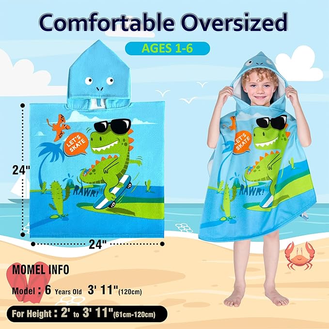 Hooded Kids Beach Towels - Toddler Bath Towel Girls Boys Swim Cover-ups for Ages 1 to 6 Kids Pool Towels Quick Dry Lightweight Soft Microfiber Poncho Towel 24x23(Skating Dino)
