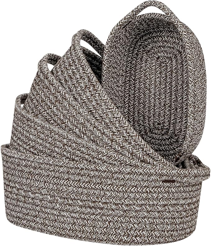 CubesLand Small Cotton Rope Storage Basket Set 5, Shelves Baskets for Organizing with Handle, Decorative Closet Storage Bins for Countertop Toilet Paper Basket for Toilet Tank Top,Mixed Brown Basket