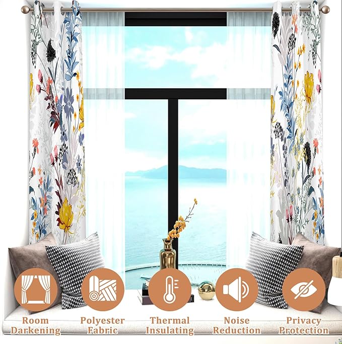Renaiss Botanical Plants Blackout Curtains, Wild Flowers Plants Print Thermal Insulated Bedroom Window Curtains, Boho Floral Window Drapes for Living Room, 96" L x 53" W 2 Panel Set