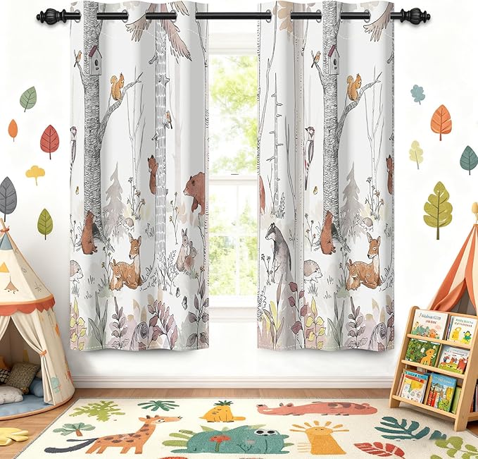 Kids Blackout Curtains for Nursery, Boy's Woodland Animal Print Curtains for Bedroom, Cartoon Room Darkening Window Drapes 2 Panels Set, White, 42W x 63L