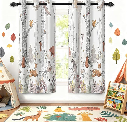Kids Blackout Curtains for Nursery, Boy's Woodland Animal Print Curtains for Bedroom, Cartoon Room Darkening Window Drapes 2 Panels Set, White, 42W x 63L